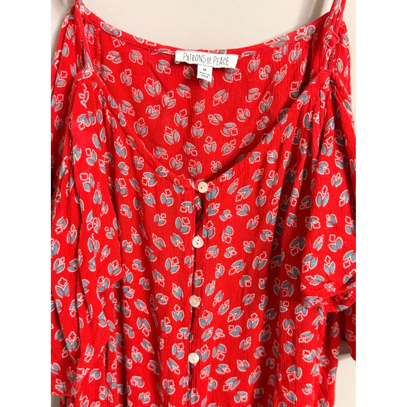 Patrons of Peace Red Cold Shoulder Mini Dress Button Front Smocked Boho M - Image 3