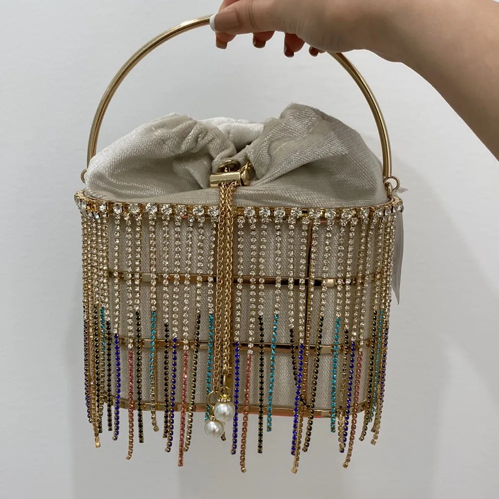 Beige Velvet Rhinestone Gold Cage Pearl Purse - Image 3