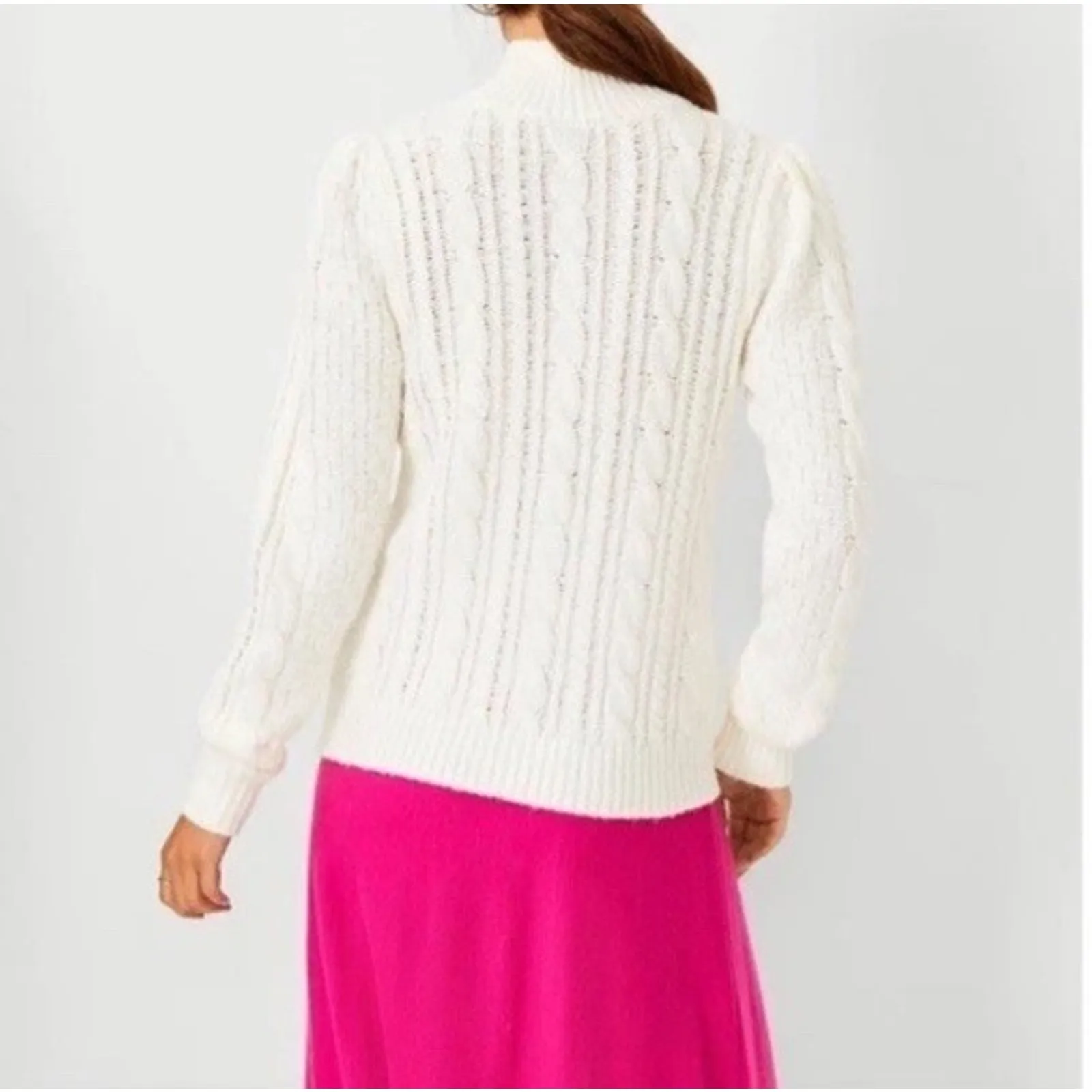 Ann Taylor Chunky Cable Knit Mock Neck Puff Sleeve Sweater Preppy White XS - Image 2