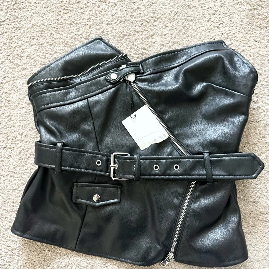 NWT Zara Moto Style Strapless Faux Leather Top in Black Size L - Image 8