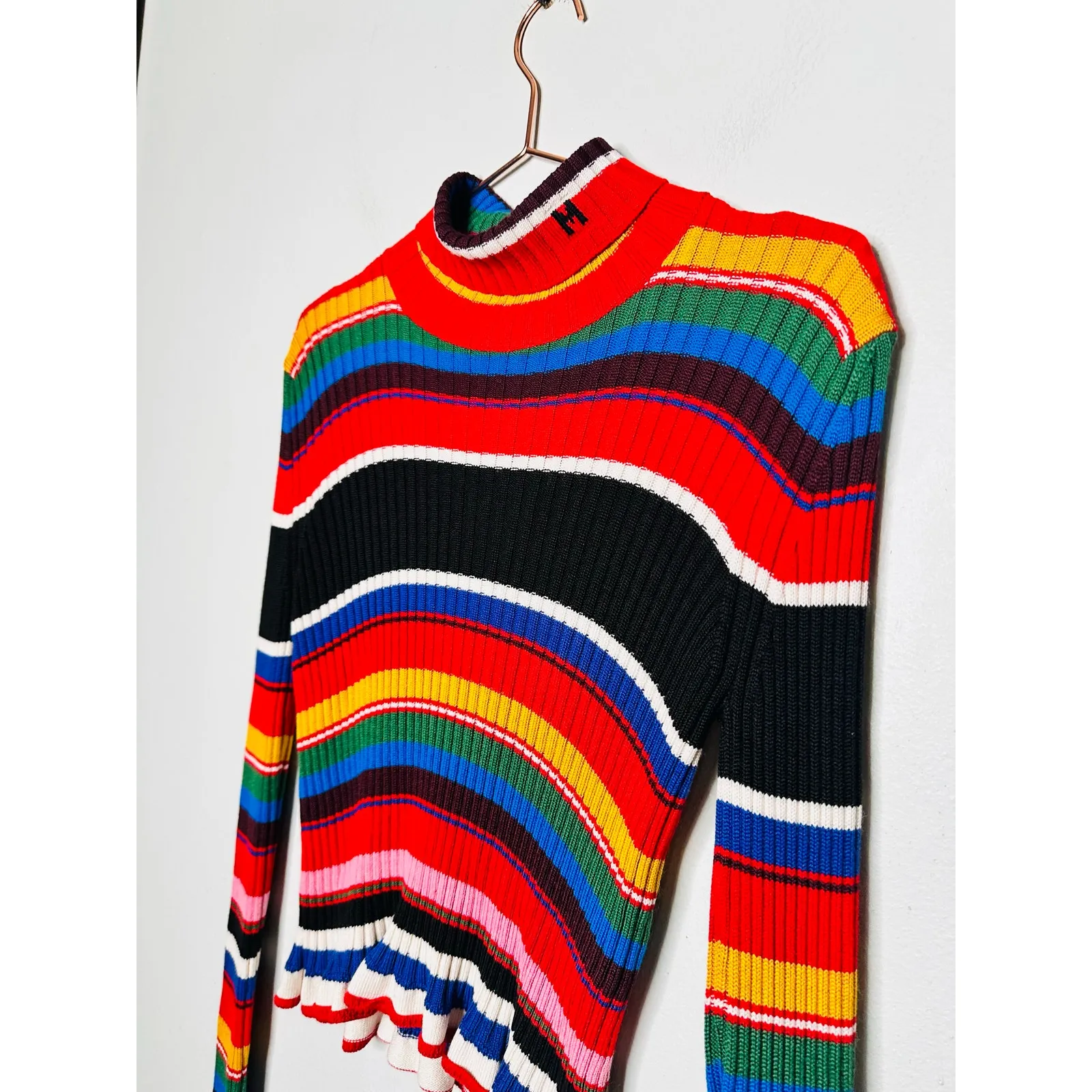 MSGM Rainbow Multicolored Striped Knit Ruffle Bell Sleeve Turtleneck Sweater XS - Image 11