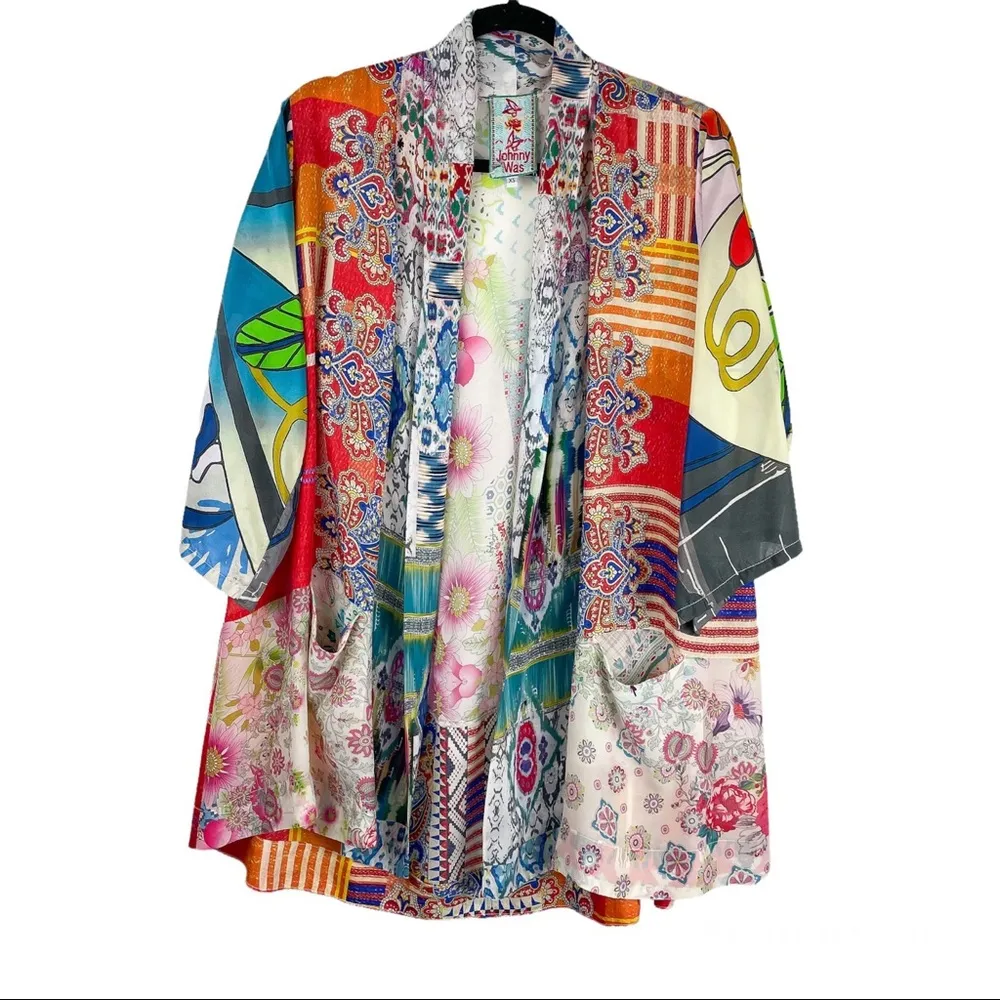 Johnny Was Patchwork Print Multicolor Silk Kimono Top Oversized Sz XS - Image 3