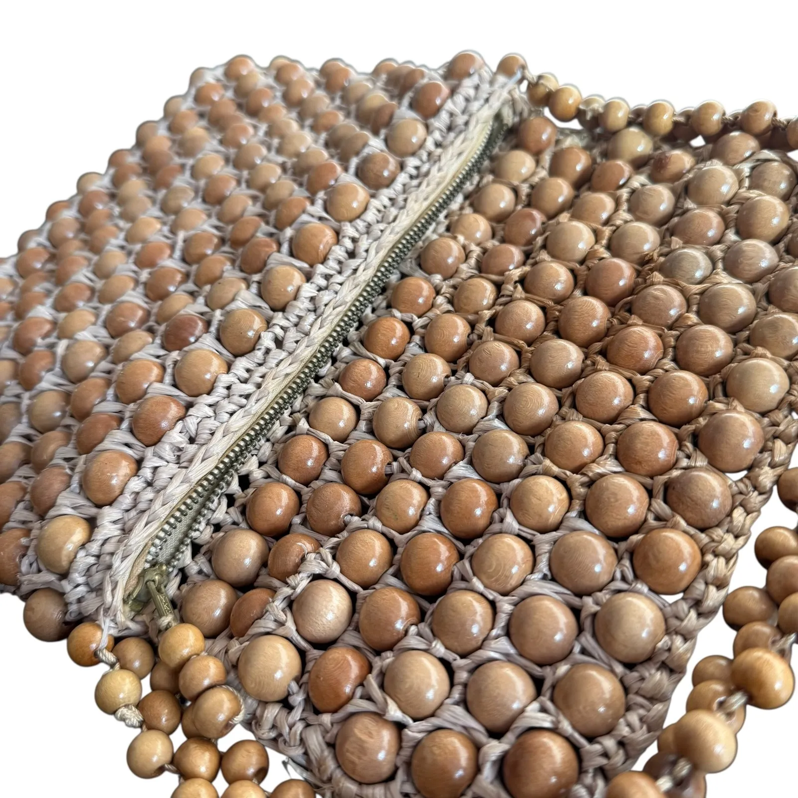 Vintage‎ Beaded Handbag Natural Wood Raffia Woven Made in Japan Brown BOHO Retro Tan - Image 14