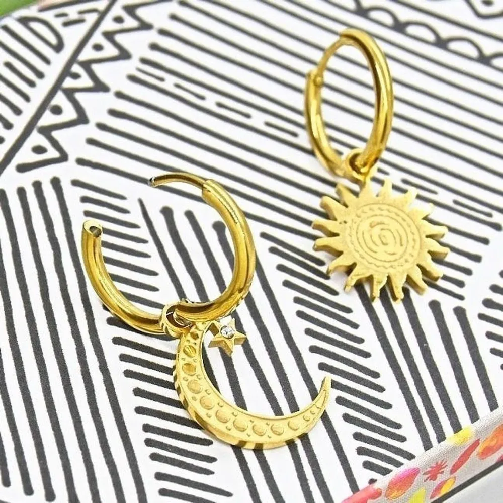 Moon and Sun Hoop Earrings Gold - Image 2