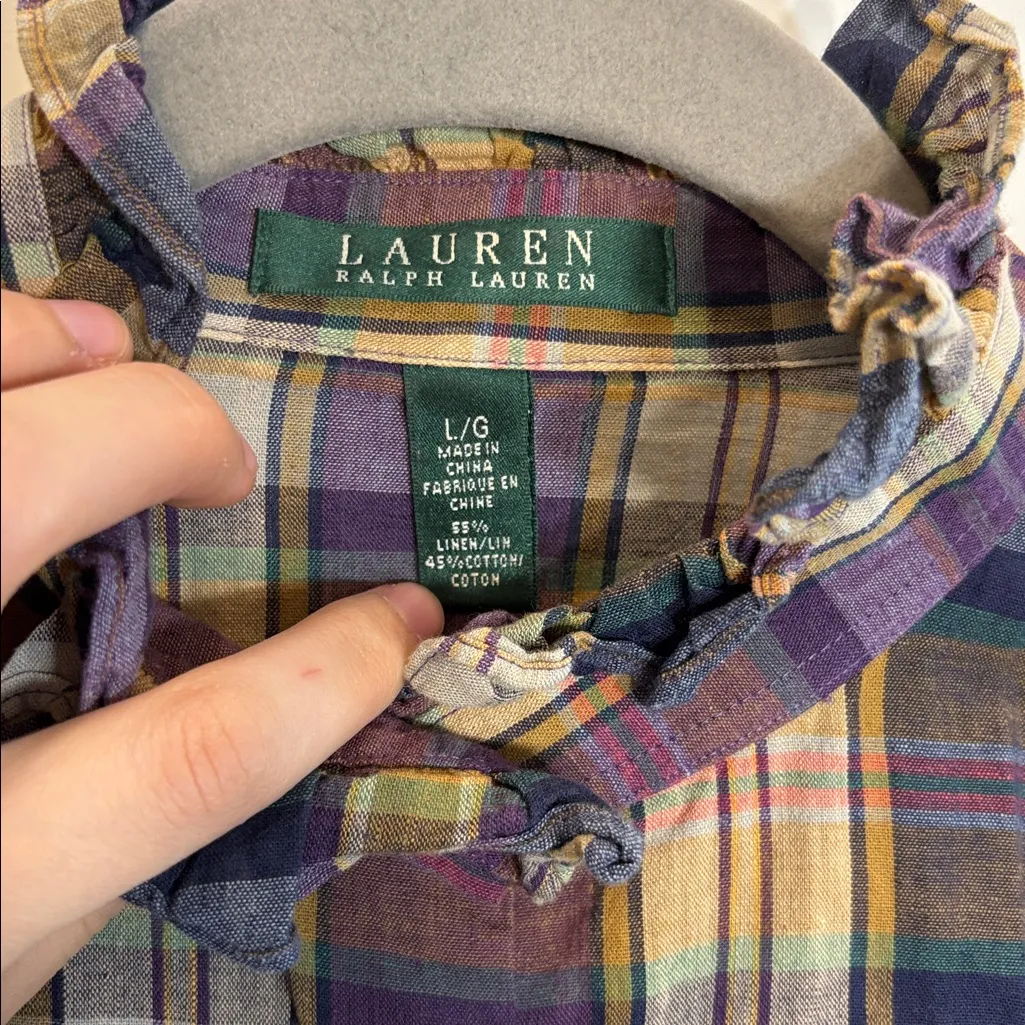 Ralph Lauren Button-Up Top Ruffle Collar Size Large Linen Cotton - Image 3