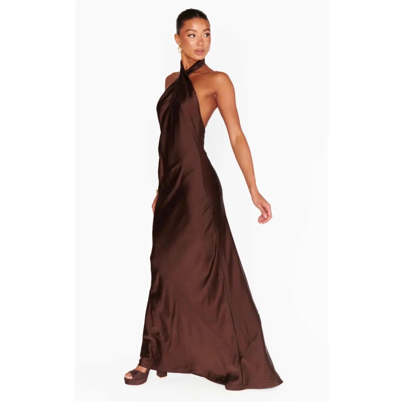 Show Me Your MuMu Jasmine Halter Maxi Dress Chocolate Brown size Medium - Image 4
