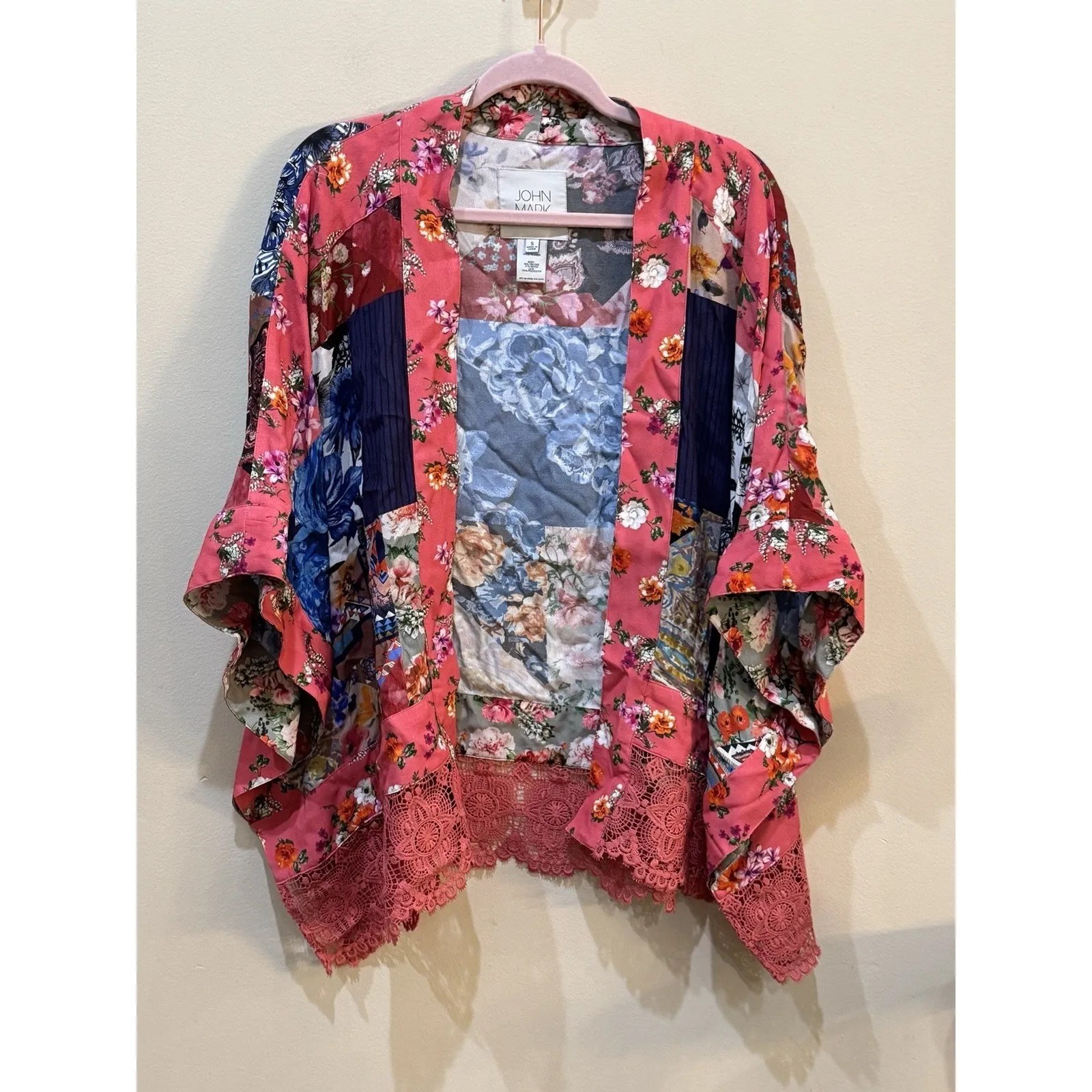 John Mark‎ Mixed Floral  Lace Topper Jacket Kimono Patchwork Size Small - Image 2
