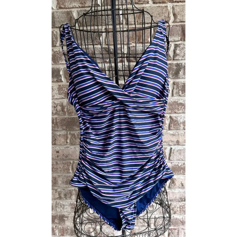 NipTuck Swim Swimsuit Size 8 Sailor Stripe One Piece Navy Red Tummy Cont… Blue - Image 3