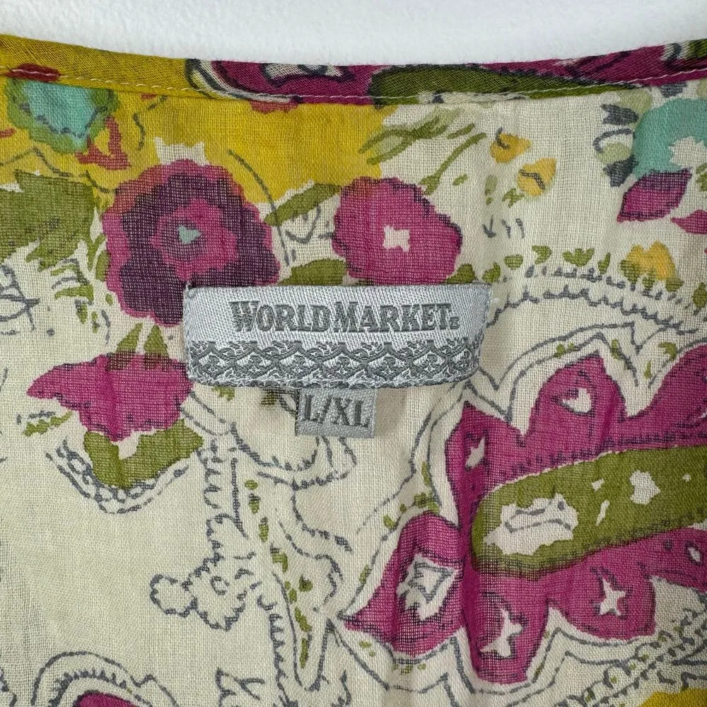 World Market Top Women L/XL Paisley Floral Semi Sheer Boho 3/4 Sleeve Ruffle Pink - Image 6