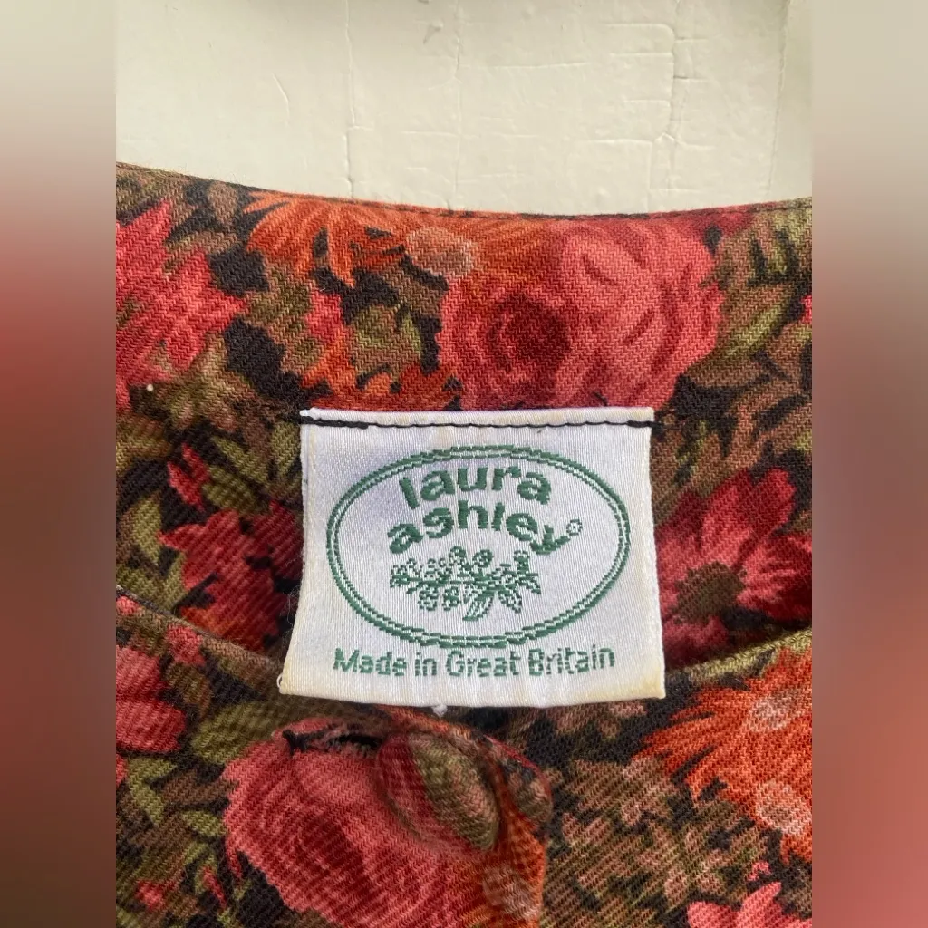 Vintage Laura Ashley Floral Dress Sz 8 Brown Pink Sleeve Basque Waist Wool Blend - Image 4
