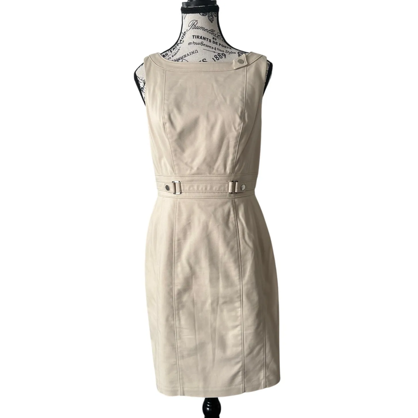 White House Black Market Black Beige Belted Dress - Image 2