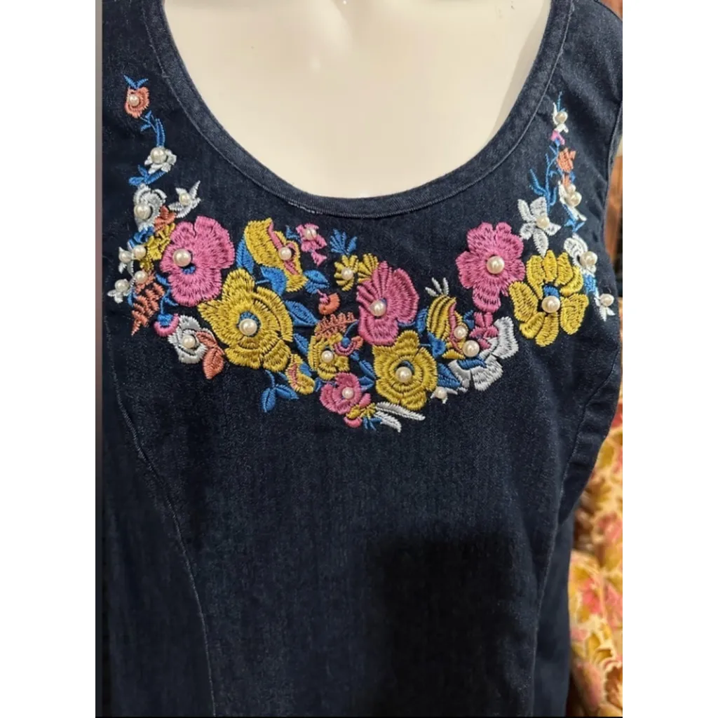 Women's Jessica London Denim Dress Size 20W Blue Floral Embroidery - Image 5