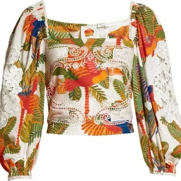 NWT Farm Rio Forest Birds crochet and guipure lace Cropped Blouse Size L - Image 9