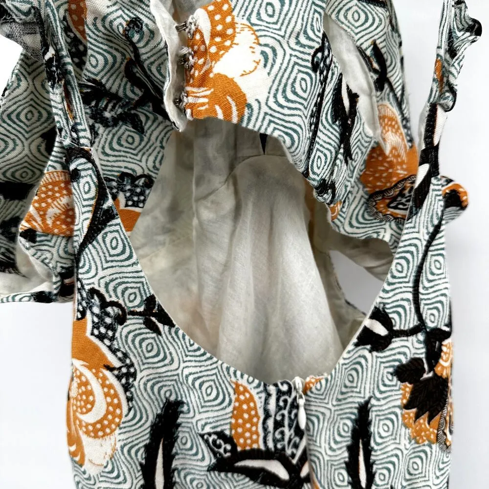 Anthropologie Halter Slim Midi Dress Linen Ruffle Cross-Strap Floral Blue 4 - Image 4