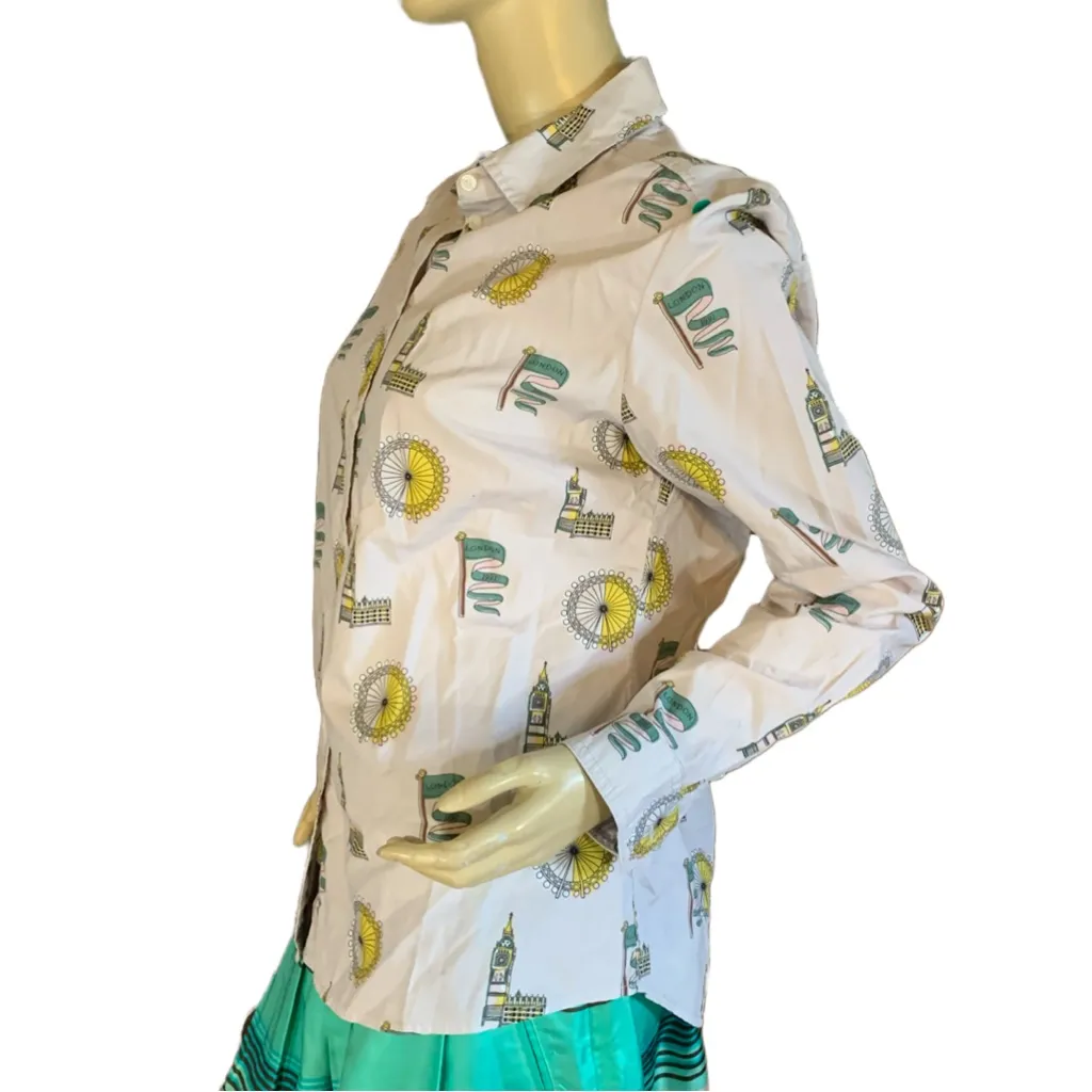 BODEN LIGHT GRAY W/YELLOW & GREEN LONDON THEME COTTON BUTTON DOWN SHIRT (8) - Image 6