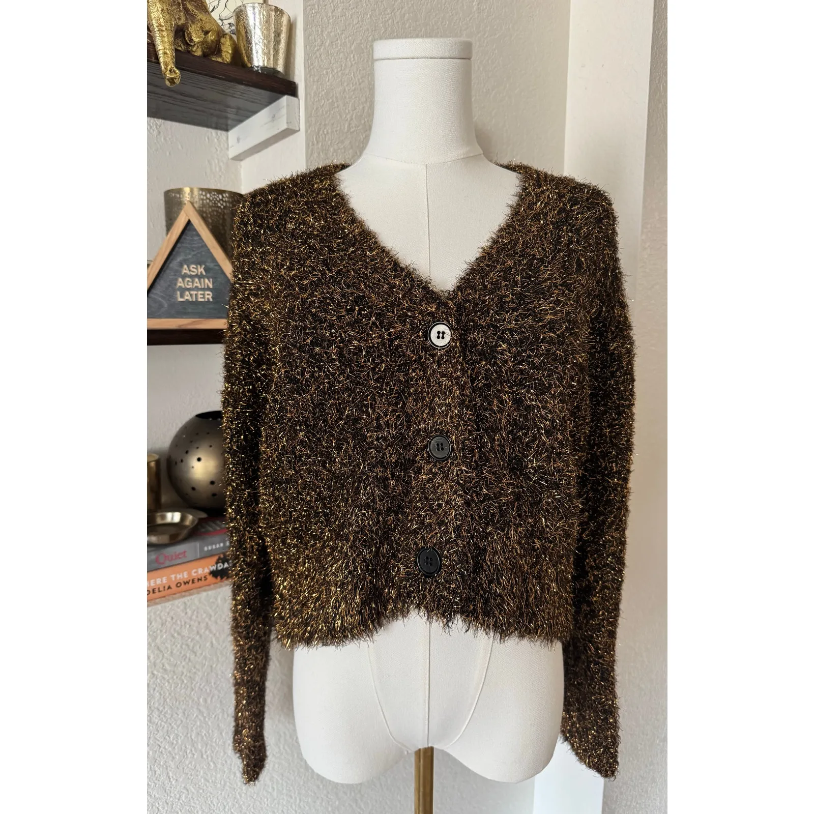 Anthropologie Festive Bronze Tinsel Shimmer Cardigan Size Small NWOT - Image 2