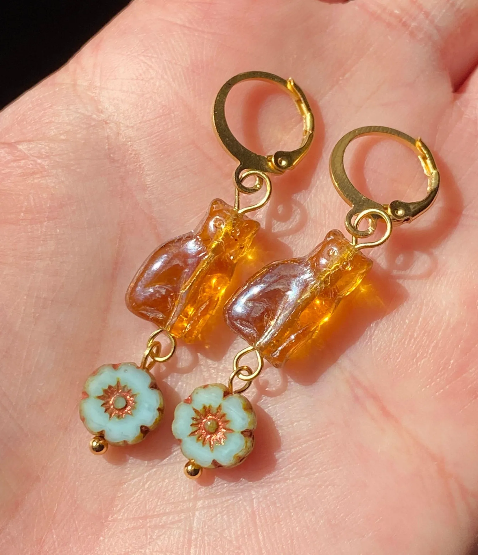 quality Czech glass cat & flower cute boho fairy style dangle  earrings🌸 - Image 2