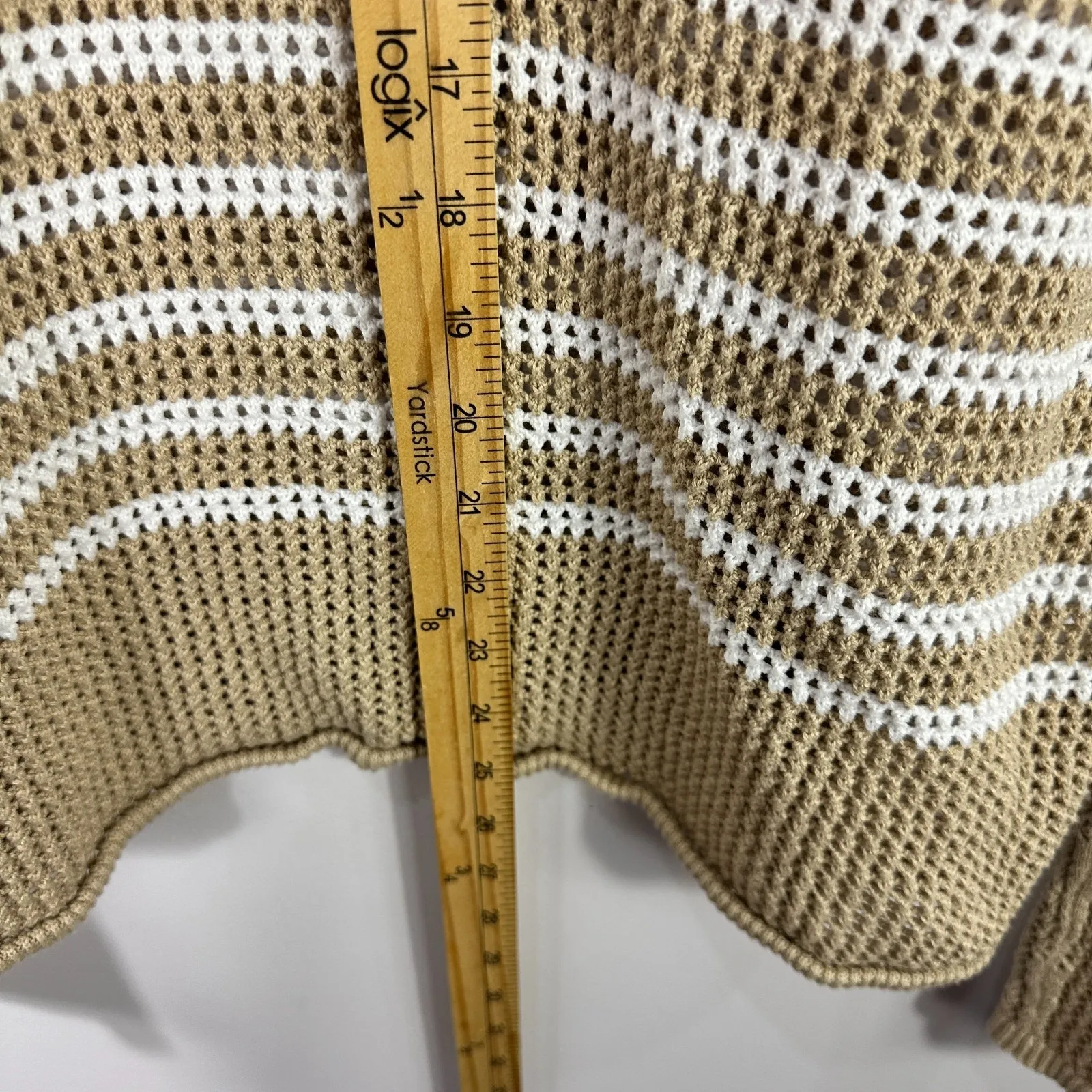 GAP Sweater M Beige Stripe Cotton Open Knit Polo Quiet Luxury Coastal Preppy - Image 4