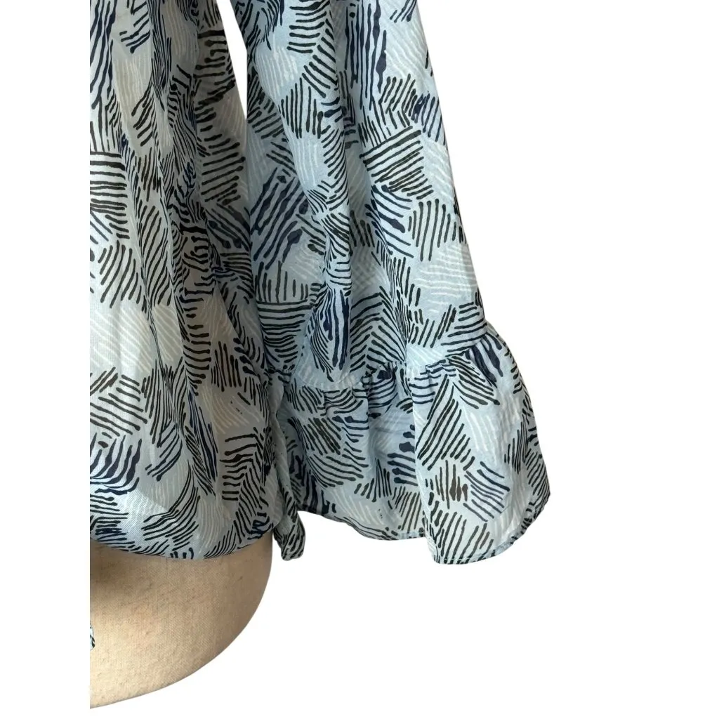 Waverly‎ Grey Shirt Women Small Blue Abstract Chiffon Button Front Tie Waist Top - Image 5