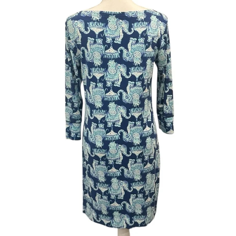 Lilly Pulitzer Blue Sophie Dress Stretch Jersey Elephant Print Preppy Resortwear - Image 4
