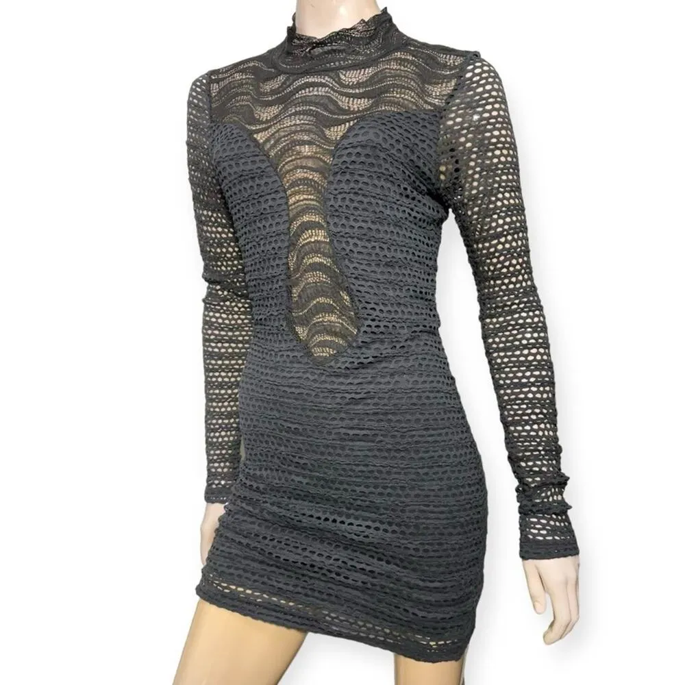 Nightcap Women’s Size 2 M Black Crochet Lace Cut Out Long Sleeve Mini Dress - Image 3