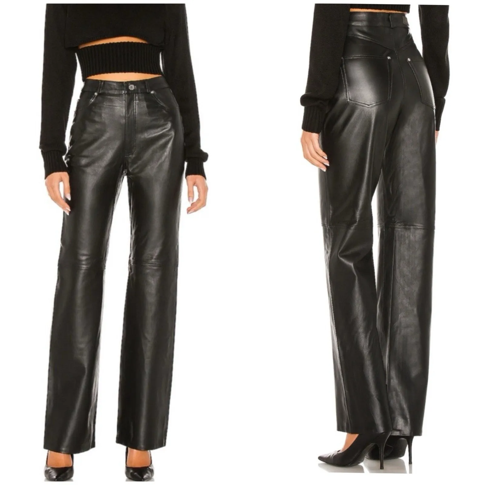 L’Académie Black Leather Straight Leg Pants Women’s XL 100% Leather NWT - Image 2