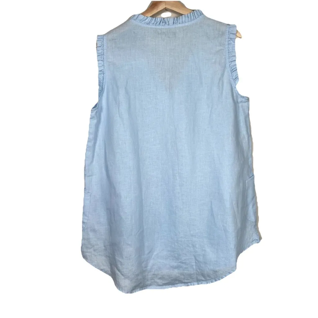 For Cynthia Baby Blue 100% Linen Tunic Top Ruffle Trim Size M Coastal Resort‎ - Image 6