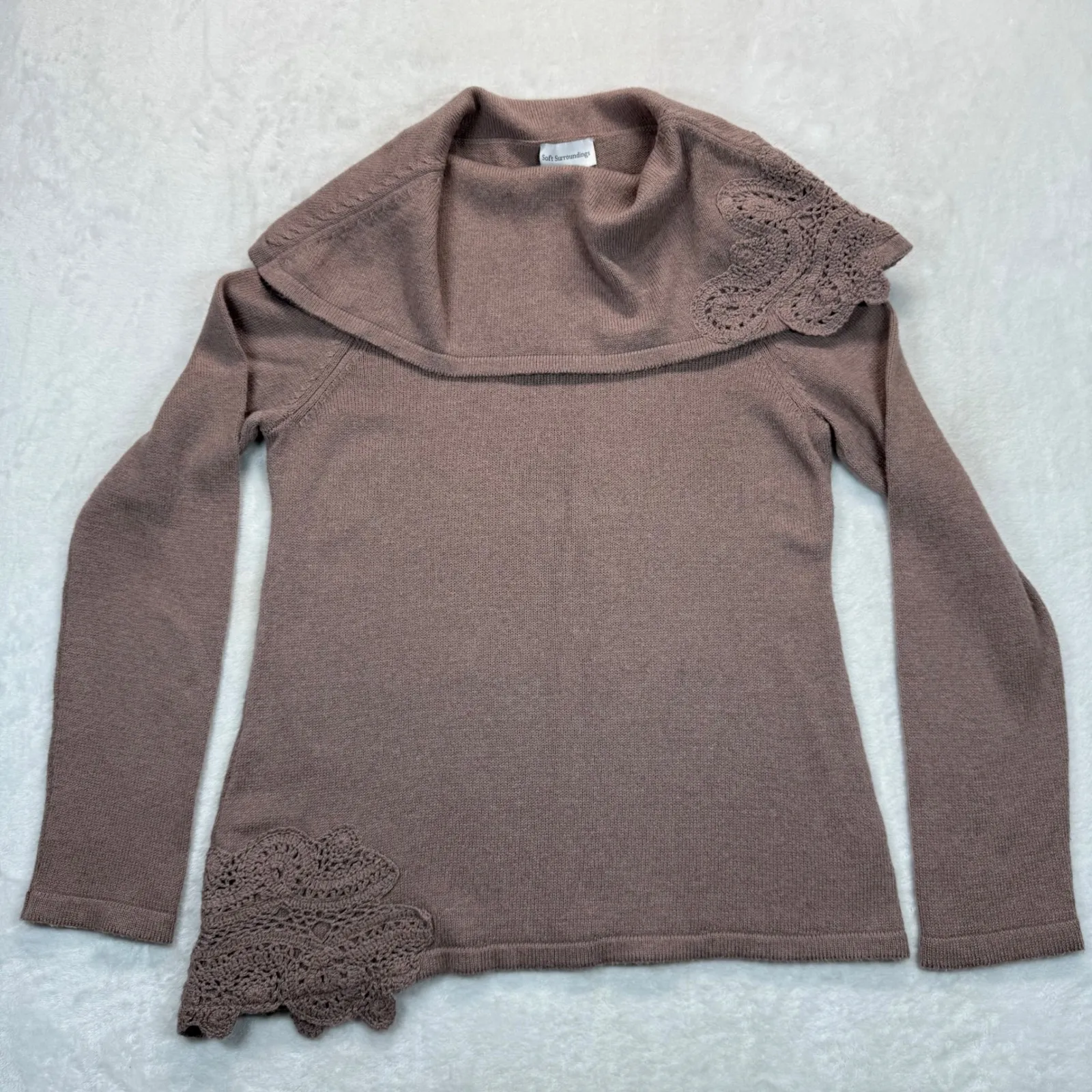 Soft Surroundings Knit Sweater Crochet Trim Collar Long Sleeve Mauve M - Image 1