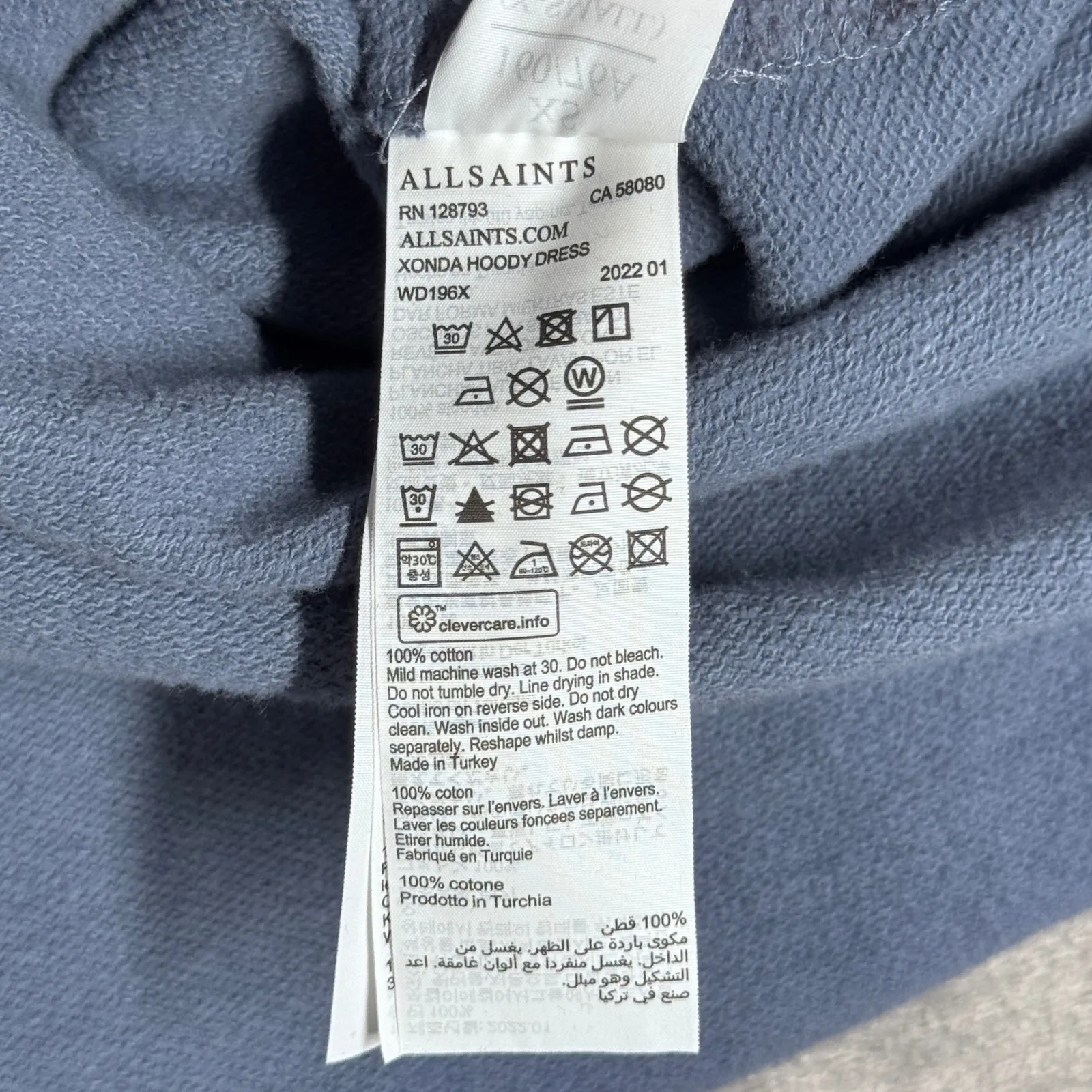 AllSaints Shirt Blue Hoodie Sweatshirt Quarter Zip Pullover Kangaroo Pocket XS - Image 7