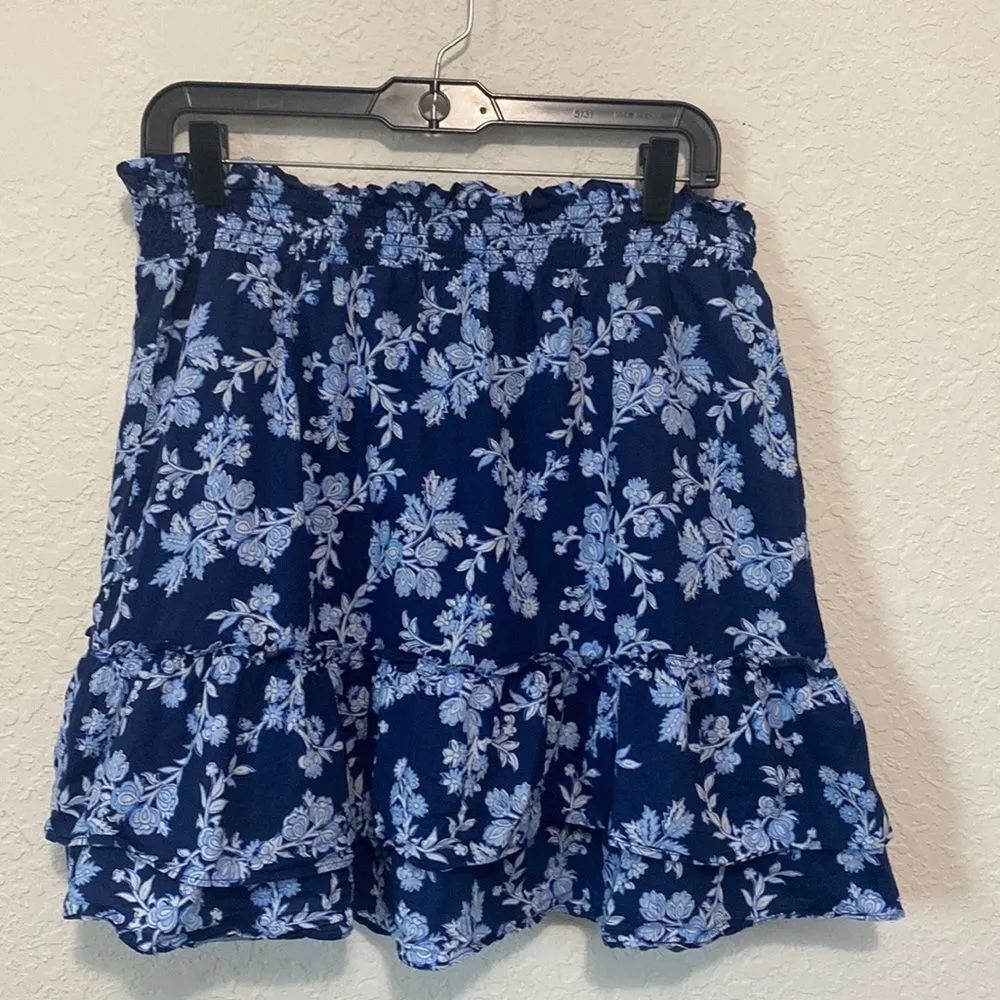 J. Crew Navy and light blue ruffled skirt elastic waist band blue floral Medium - Image 4