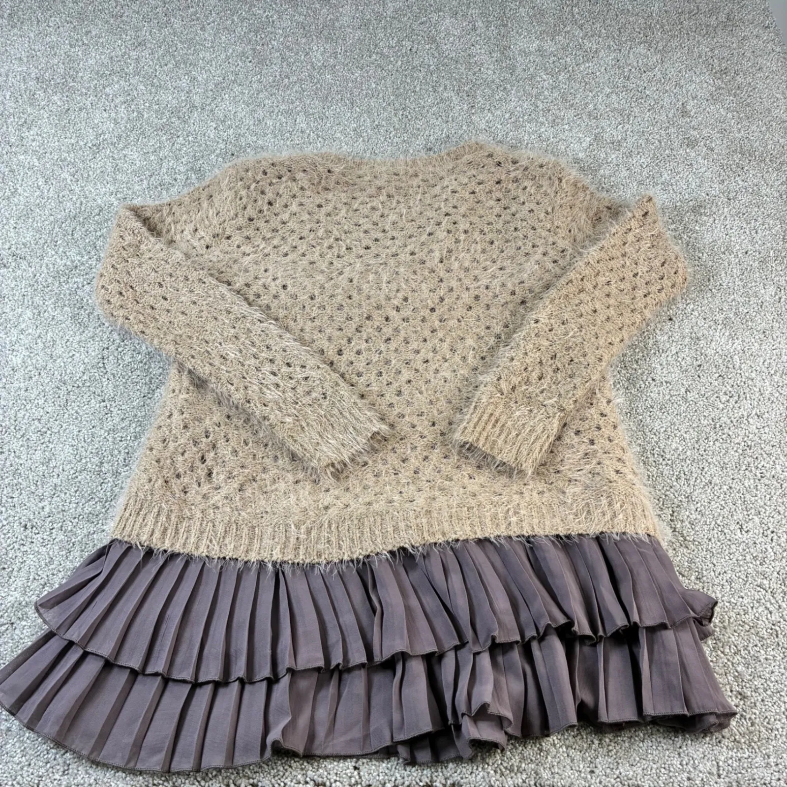 a'reve Womens Small Knit Sweater Tunic Top Brown Pleated Ruffle Hem Long Sleeve - Image 2