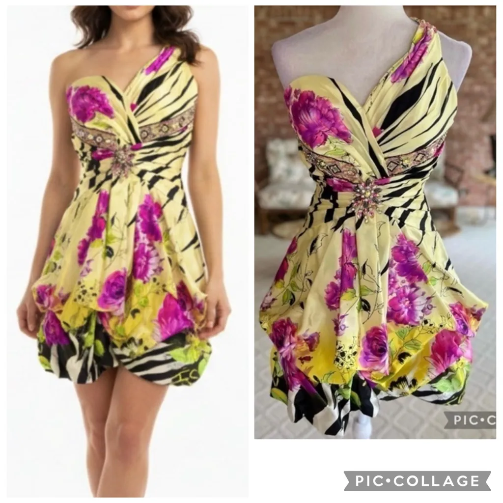 Riva Designs Dress Mini Satin XS Floral One Shoulder Yellow Multi Beaded Bubble - Image 2