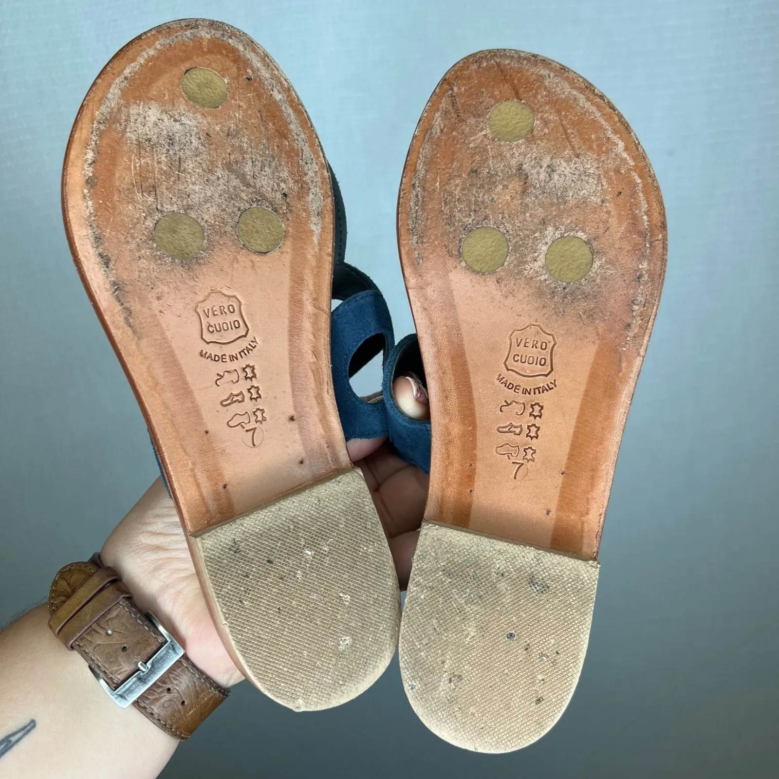 La Botteguccia Positano Italy Leather Blue‎ Suede Thong Sandals Size 7 Blue - Image 4