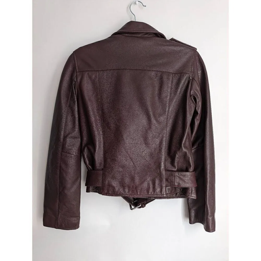 All Saints Balfern Leather Biker Jacket In Deep Berry Size 2 - Image 2