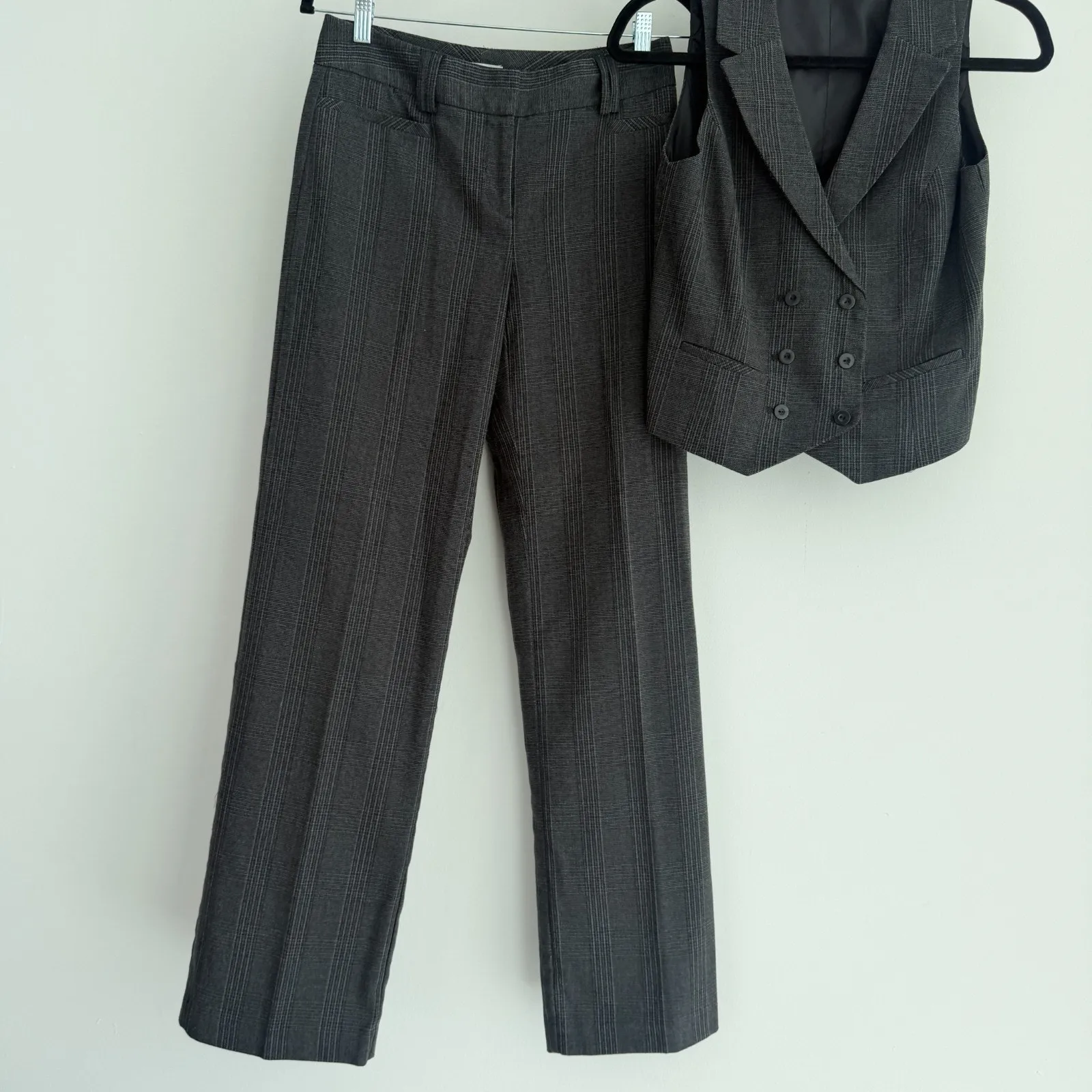 Vintage Y2K Tailored Vest Waistcoat Trousers Suit Set Womens XS Charcoal Plaid Gray - Image 6
