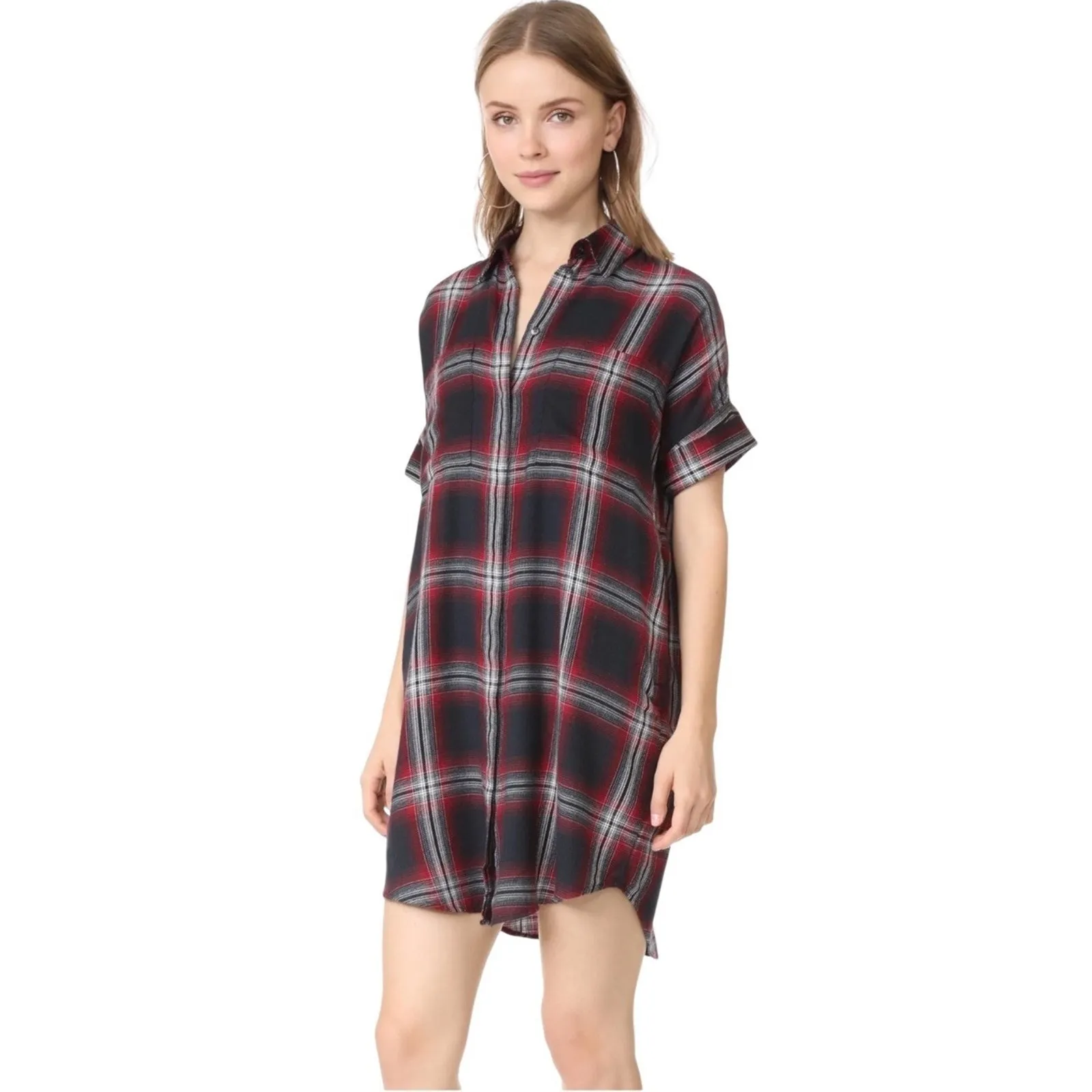Madewell Womens Courier Shirt Dress L Grunge Rollins Plaid Black Red 90s NWT - Image 2
