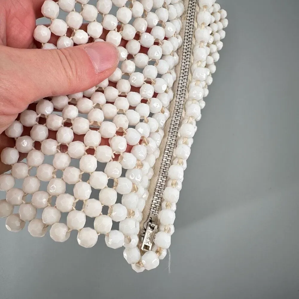 Vintage Women's Octagonal Softshell Beaded Top Zip Lined Clutch Bag White Mini - Image 4
