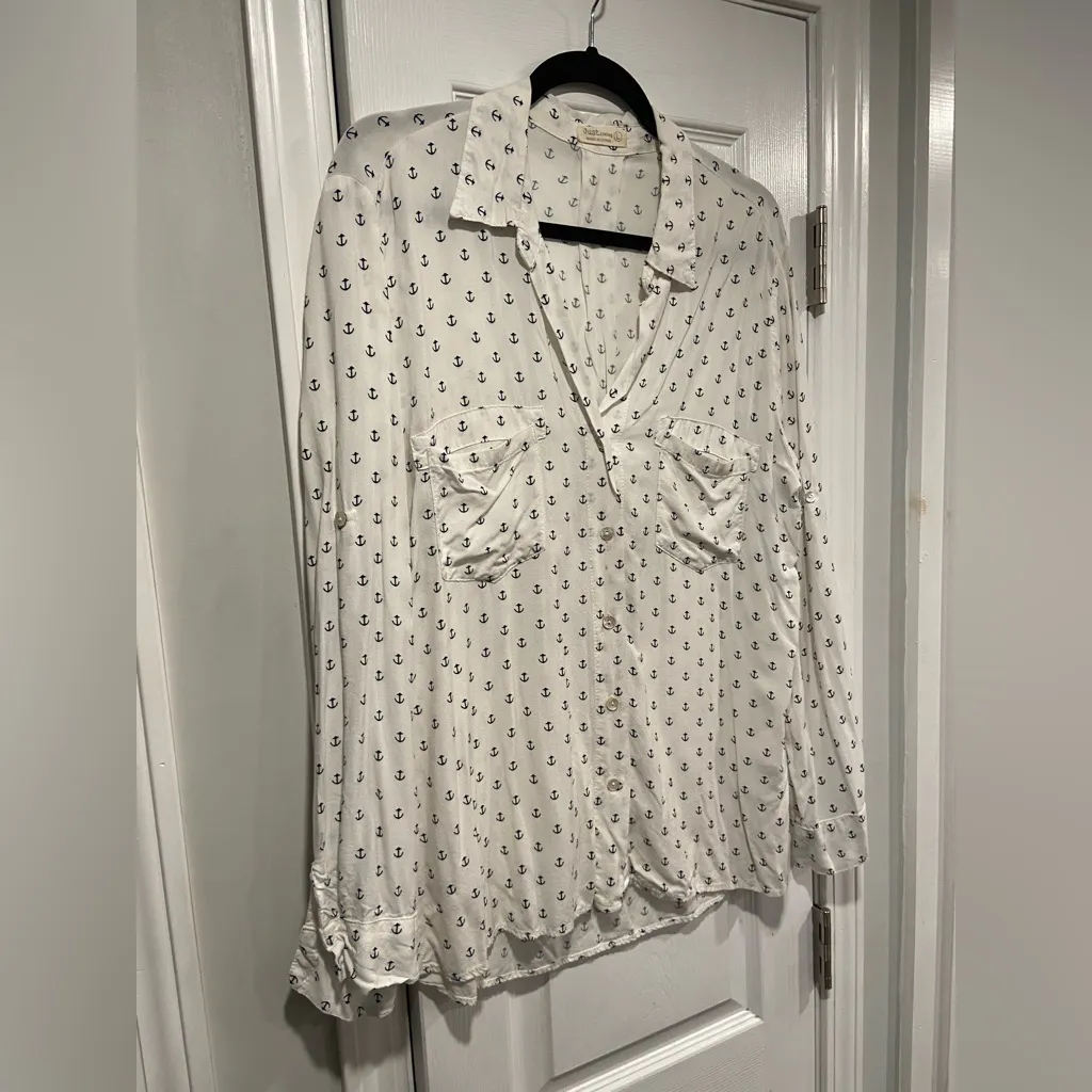 Just Living Size L Navy Blue Anchor Print Rayon Long Sleeve Button Down Shirt - Image 3