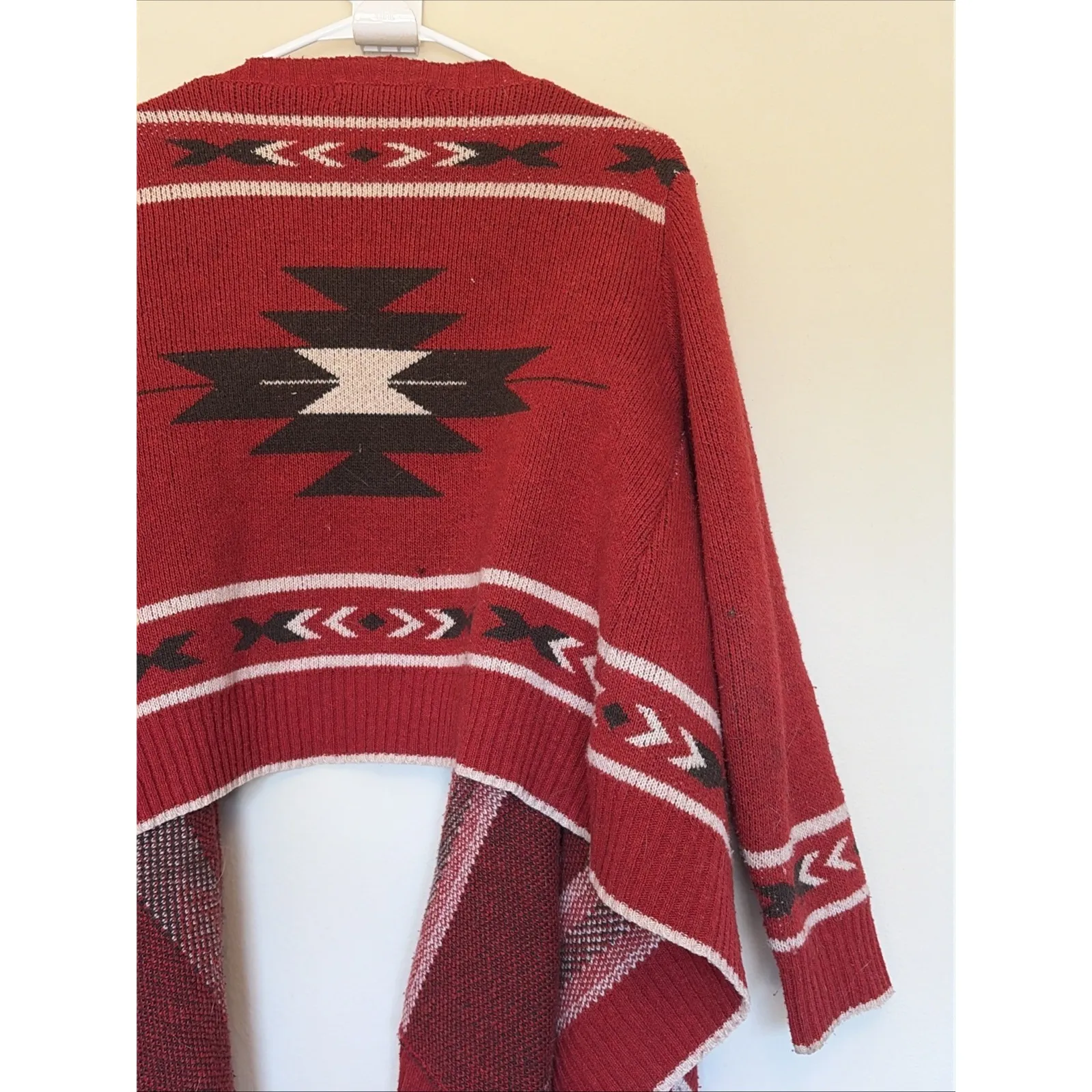 Tea n Rose Red Aztec Southwestern Fringe Wool Blend Open Cardigan Sweater Small - Image 8