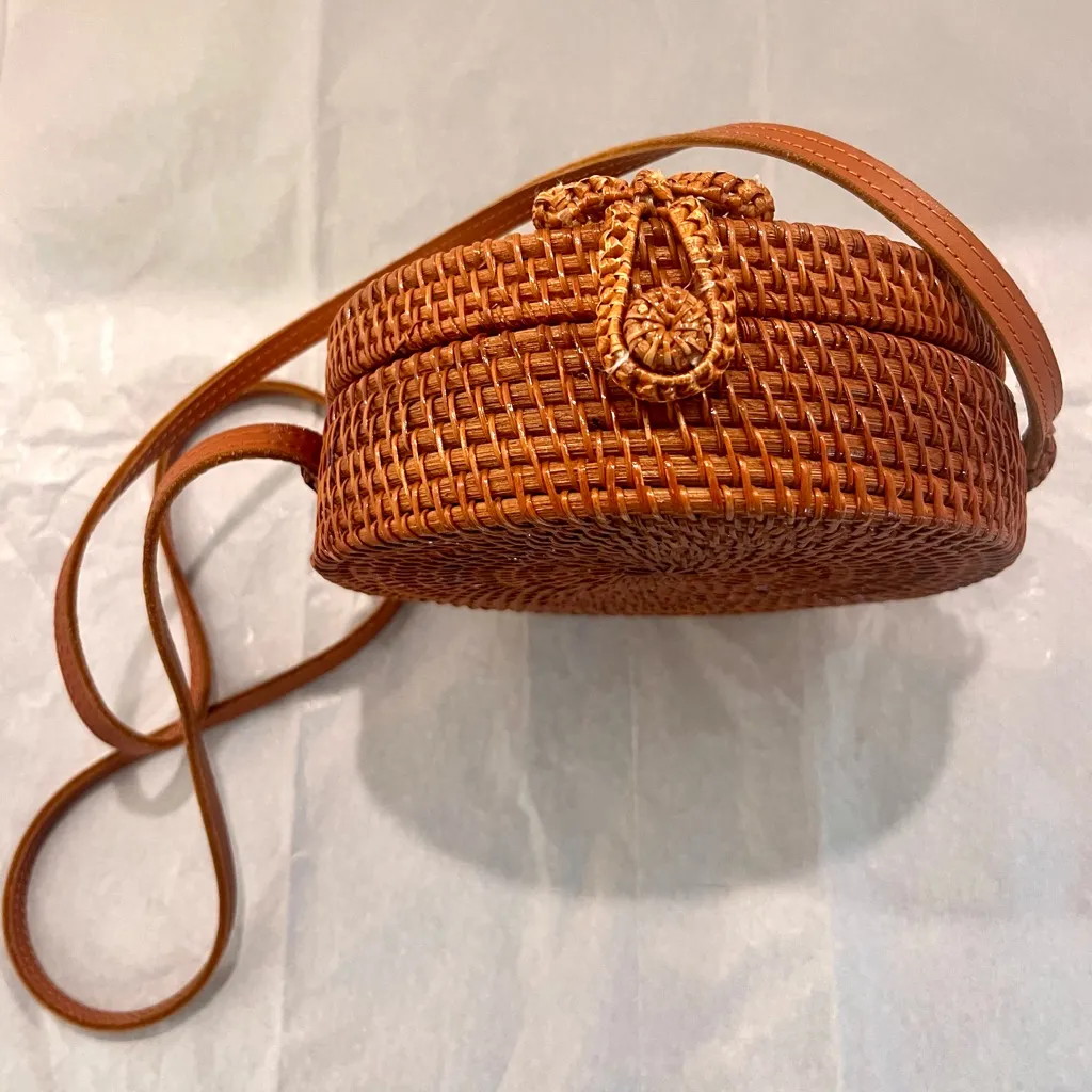 Round Rattan Straw Bag Wicker Purse Boho Bag for Women Cross Body Cottagecore Brown - Image 3
