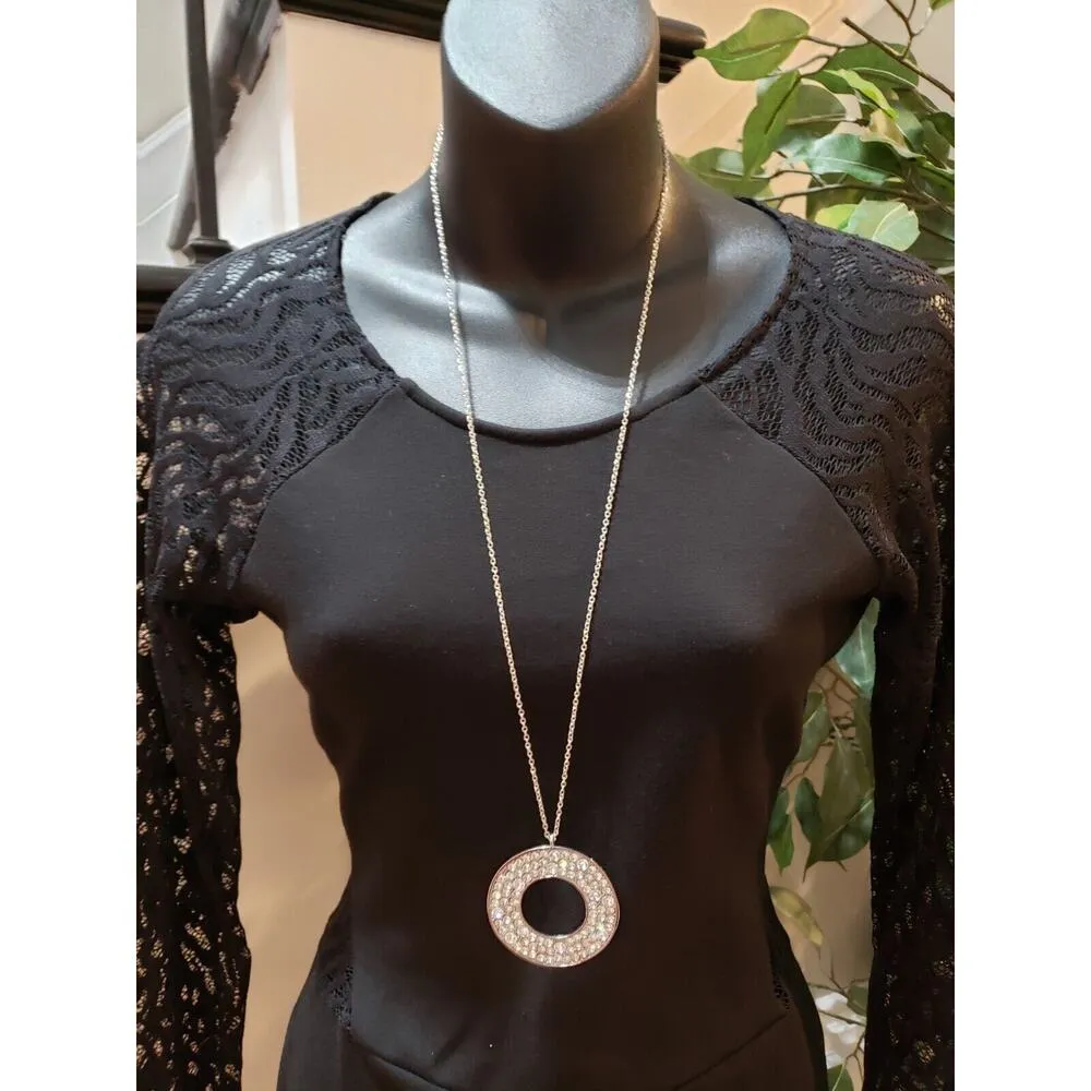 Parker Naomi Black Lace Trem Round Neck Back Zip Long Sleeve Sheath Dress Large - Image 3