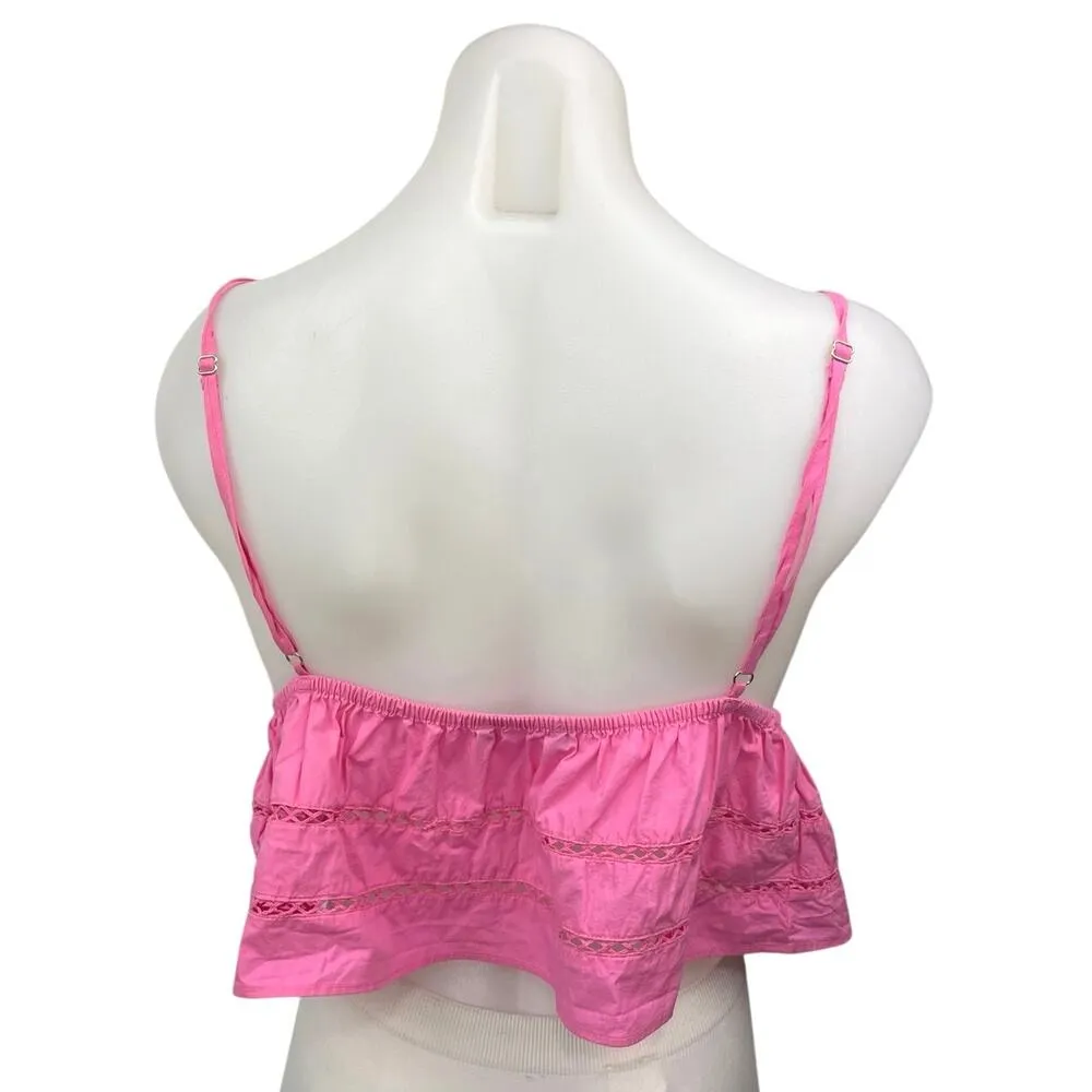 Zara Pink Plunge Neck Tie Front Ruffle Eyelet Cami Camisole Crop Tank Top Size M - Image 2