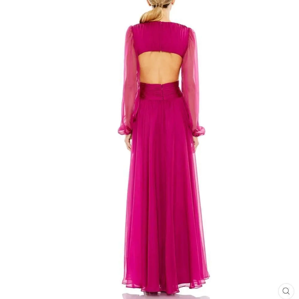 NWT Mac Duggal 55823 RUCHED CUT OUT PUFF SLEEVE A LINE GOWN Berry 12 - Image 5