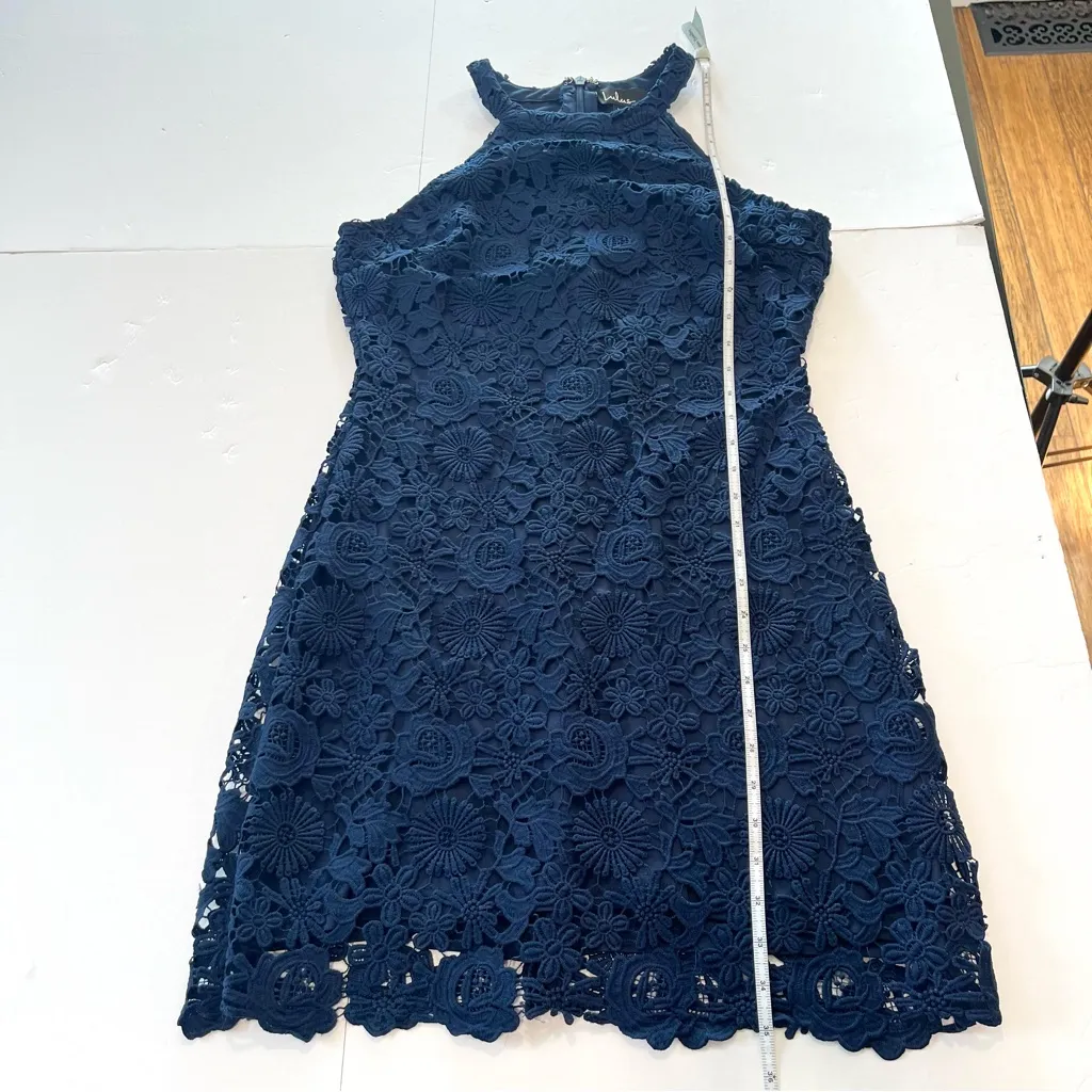 Lulus Love Poem Navy Blue Halter Neck Crochet Lace Bodycon Mini Dress Size LARGE - Image 9