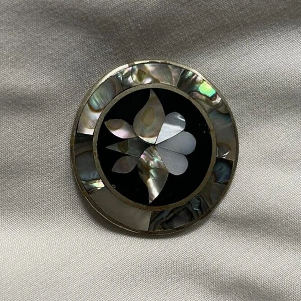 Mexico Alpaca Abalone Mother of Pearl Inlay Flower Mexican Alpaca Silver Pin - Image 8