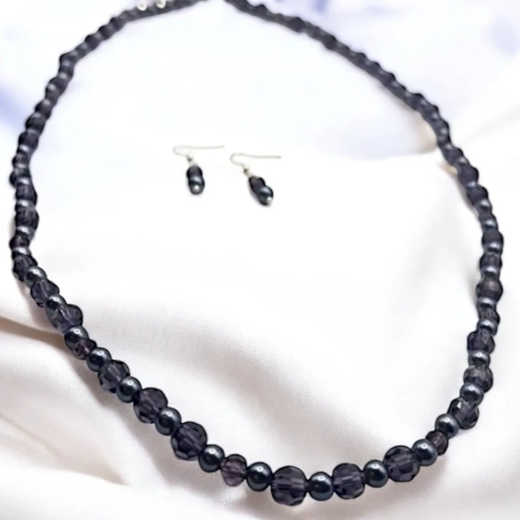 Beaded Necklace Earrings Set Faceted Glass Beads Faux Pearls Formal Elegant Gift Purple - Image 4