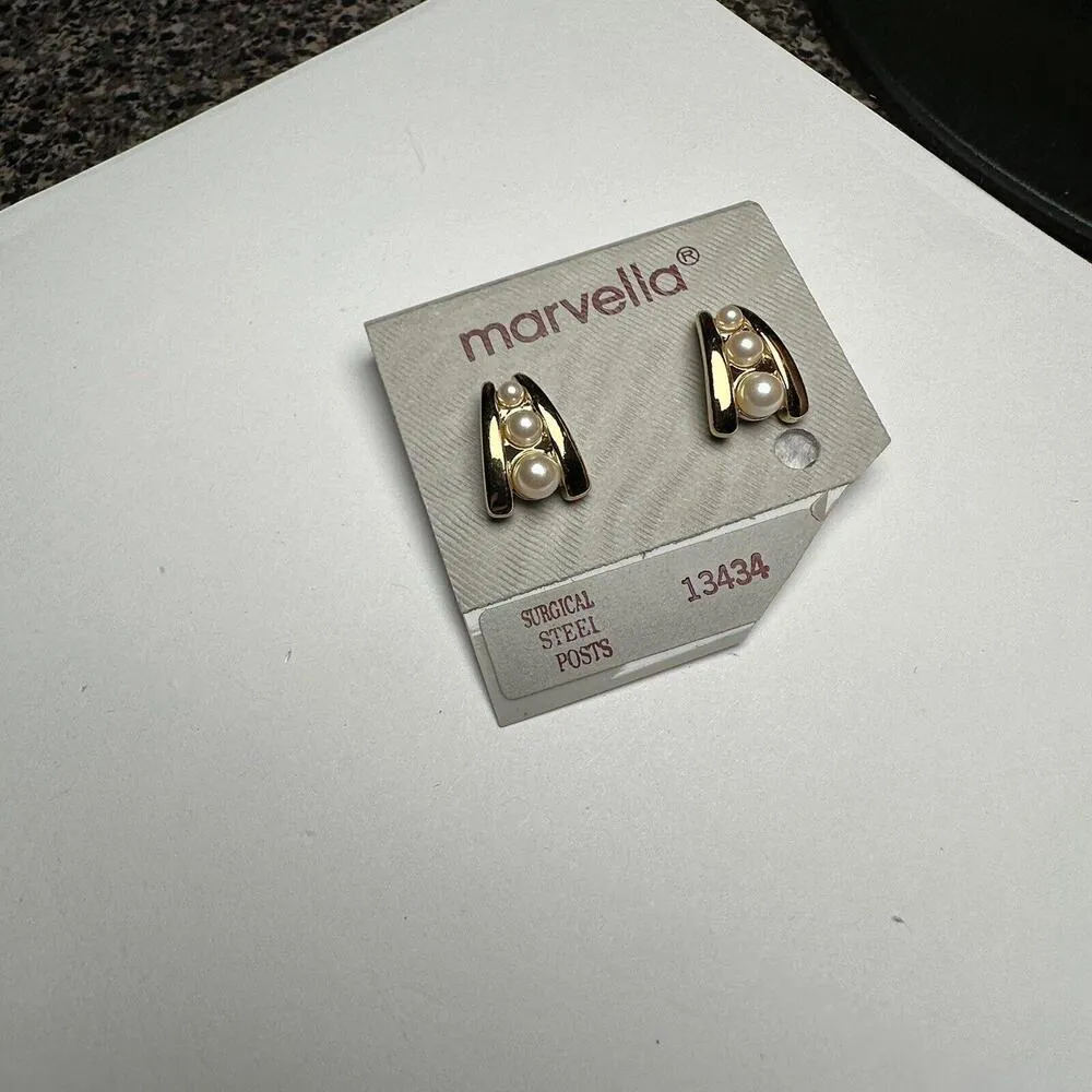 Marvella Faux Pearl Gold Tone Pierced Stud Earrings NWT - Image 2