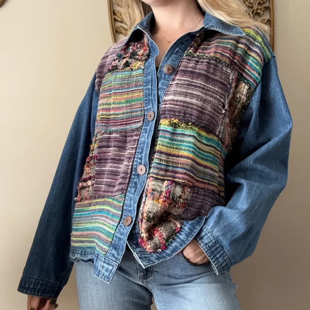 New Directions Colorful Patchwork Denim Jacket Blue Size M - Image 6