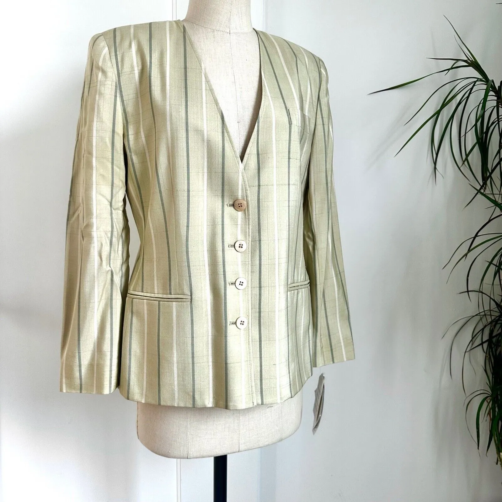 Vintage Rena Rowan Petite Striped Blazer‎ Silk Office Button Front Jacket 10P - Image 2