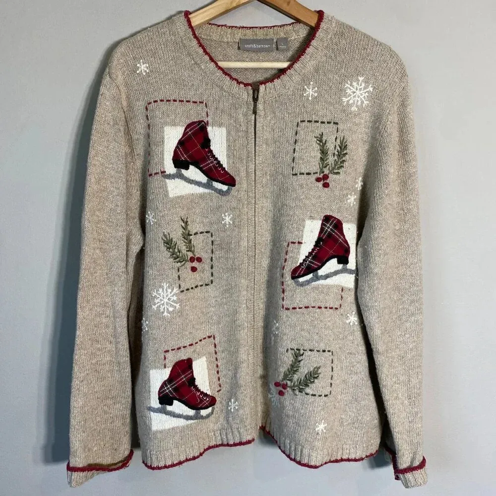 Vtg Croft & Barrow Ice Skating Christmas Wool Angora Full Zip Sweater Women's L - Image 5
